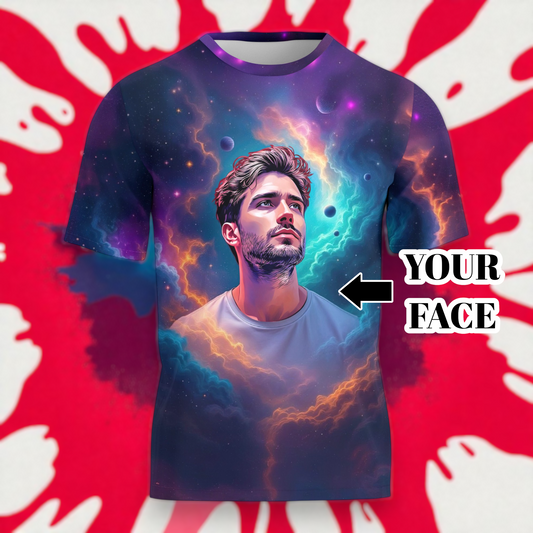 Custom Face Surreal Cosmic Art T-Shirt – Personalized Galaxy Universe Tee with Trippy Sci-Fi Design for Unique Gifts & Style
