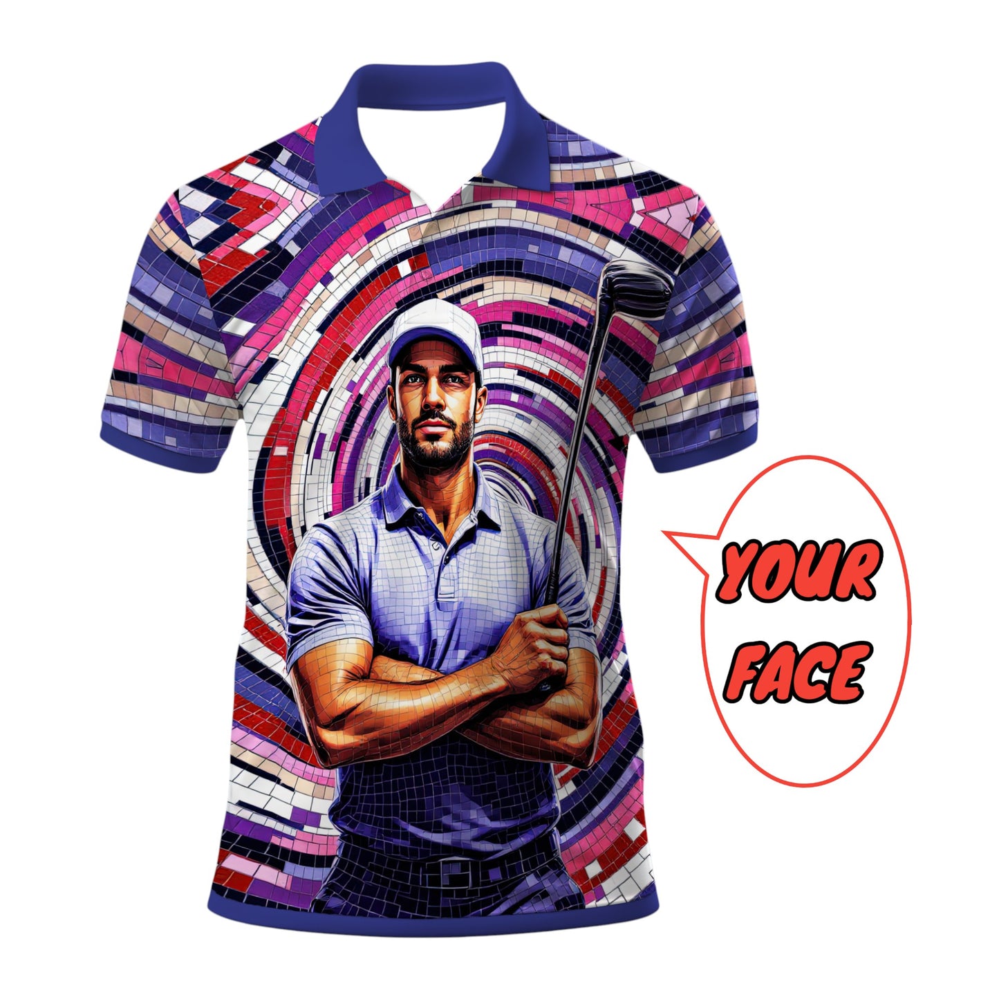 Men's Custom Face Artistic Golf Polo Shirt, Mosaic Art Style, Unique Personalized Golf Polo For Men Style 8
