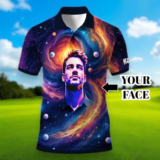 Custom Cosmic Portrait Polo Shirt – Personalized Surreal Galaxy Art with Your Face | Unique Gift for Golfers, Sports & Astrology Fans