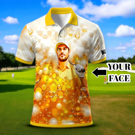 Custom Beer Polo Shirt with Face – Funny Personalized Polo for Beer Lovers, Summer Party Outfit, Unique Gift for Men