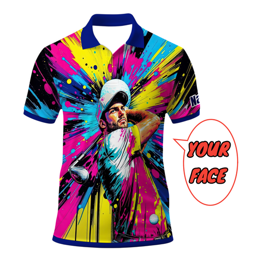 HomyGifts Men's Customized Face Artistic Golf Polo Shirt, Personalized Pop Art Golf Polo, Portrait Gift for Golfers Style 8