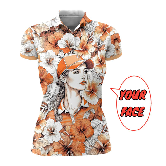 Women’s Custom Face Hibiscus Polo Shirt – Personalized Tropical Floral Polo, Unique Gift for Her, Stylish Custom Golf & Casual Wear Style 8