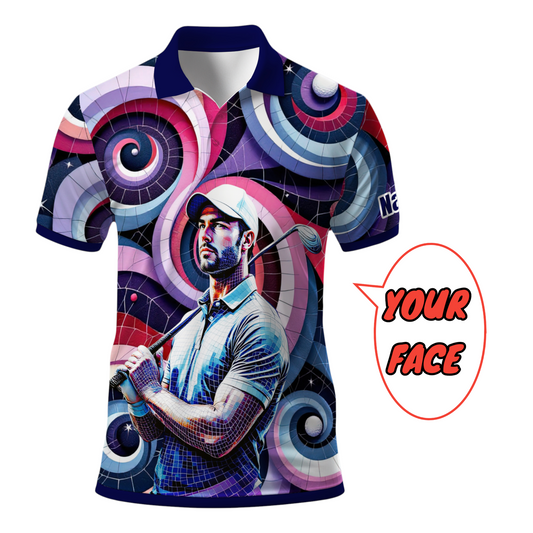 HomyGifts Men's Customized Face Artistic Golf Polo Shirt, Mosaic Art Style, Unique Personalized Golf Polo For Men Style 9