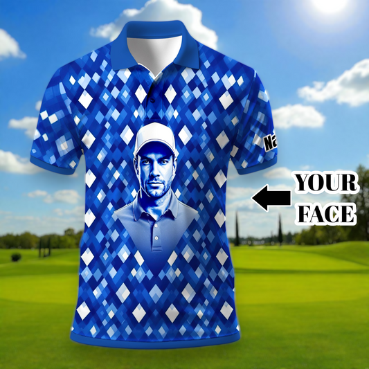 Custom Face Polo Shirt – Geometric Diamond Pattern | Personalized Photo Golf Polo | Unique Gift for Him, Retro Geometric Style Shirt Style 8
