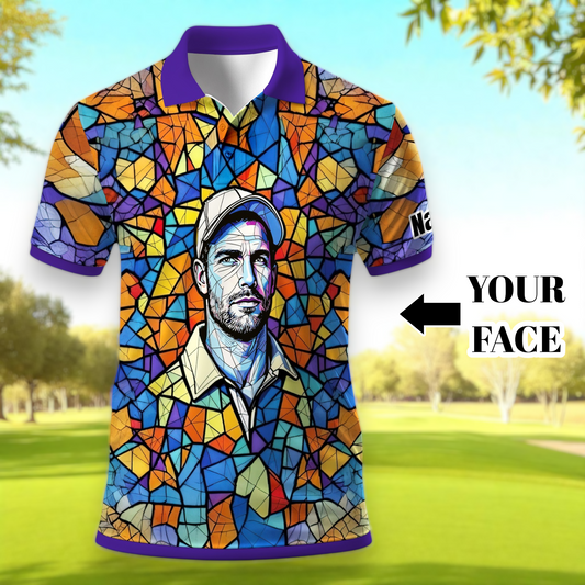 Custom Face Golf Polo Shirt – Personalized Stained Glass Art Shirt, Unique Golf Gift for Him, Colorful Abstract Golf Polo, Custom Sportswear