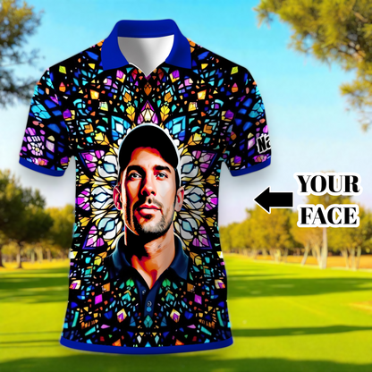 Custom Face Golf Polo Shirt – Personalized Stained Glass Mandala Style Polo, Unique Gift for Men & Women, Vibrant Artistic Golf Shirt, Custom Photo Polo