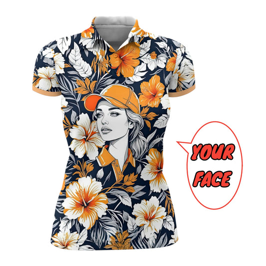 Women’s Custom Face Hibiscus Polo Shirt – Personalized Tropical Floral Polo, Unique Gift for Her, Stylish Custom Golf & Casual Wear Style 9