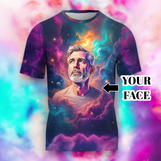 Custom Face Surreal Cosmic Art T-Shirt – Personalized Galaxy Universe Tee with Trippy Sci-Fi Design for Unique Gifts & Style