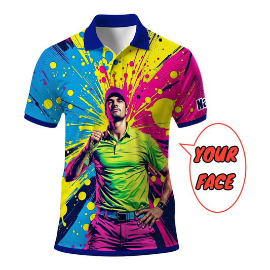 HomyGifts Men's Customized Face Artistic Golf Polo Shirt, Personalized Pop Art Golf Polo, Portrait Gift for Golfers Style 9