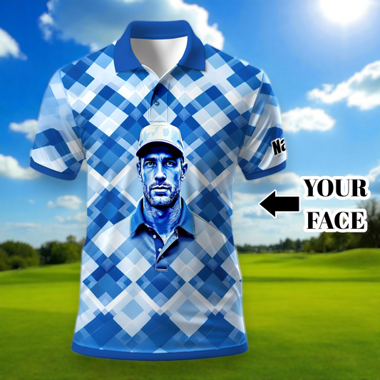 Custom Face Polo Shirt – Geometric Diamond Pattern | Personalized Photo Golf Polo | Unique Gift for Him, Retro Geometric Style Shirt Style 10