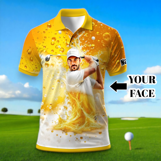 Custom Beer Polo Shirt with Face – Funny Personalized Polo for Beer Lovers, Summer Party Outfit, Unique Gift for Men