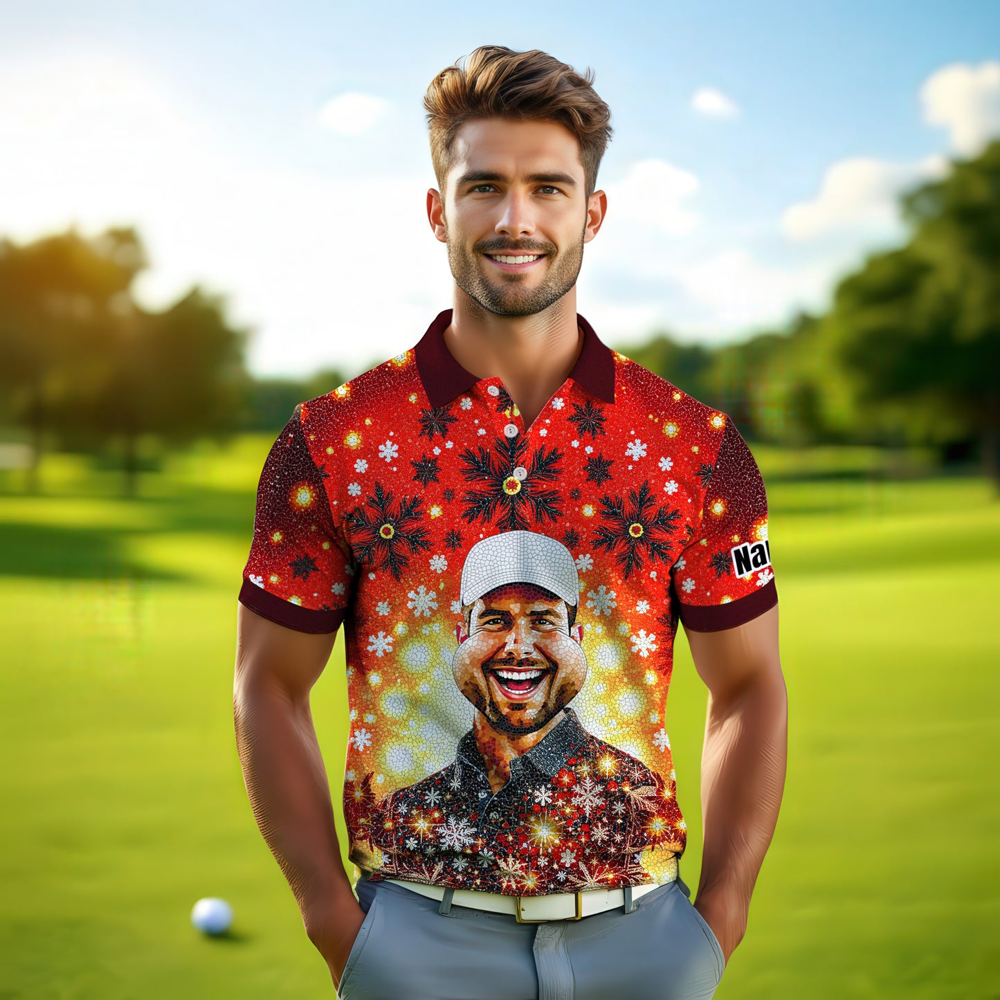 Custom Face Golf Polo Shirt – Personalized Christmas Golf Shirt for Him, Unique Holiday Gift for Golfer, Snowflake Design Golf Apparel Style 22