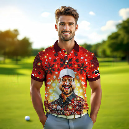 Custom Face Golf Polo Shirt – Personalized Christmas Golf Shirt for Him, Unique Holiday Gift for Golfer, Snowflake Design Golf Apparel Style 22