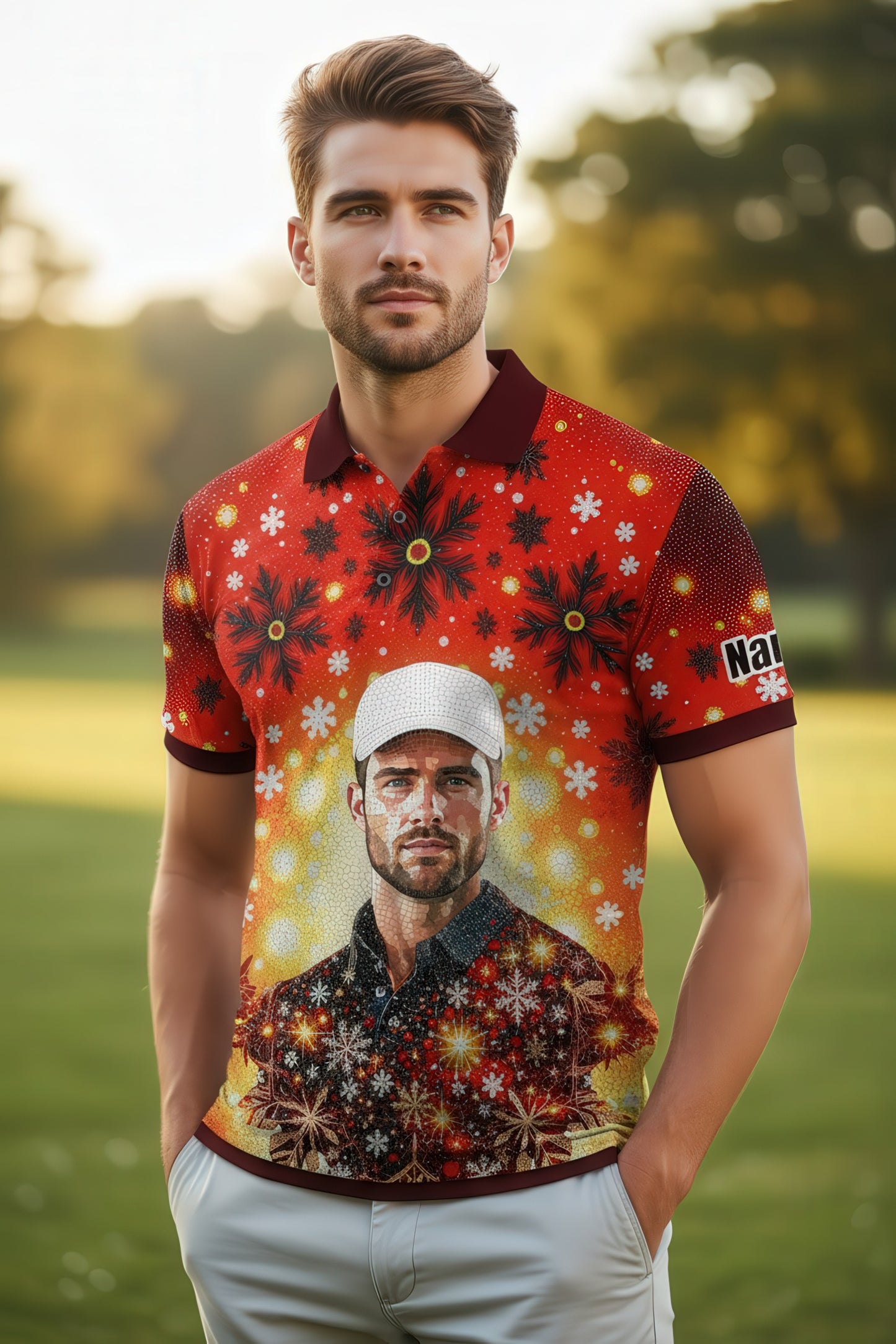 Custom Face Golf Polo Shirt – Personalized Christmas Golf Shirt for Him, Unique Holiday Gift for Golfer, Snowflake Design Golf Apparel Style 13