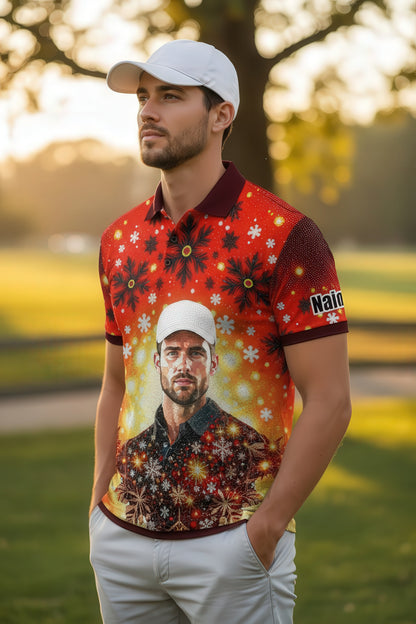 Custom Face Golf Polo Shirt – Personalized Christmas Golf Shirt for Him, Unique Holiday Gift for Golfer, Snowflake Design Golf Apparel Style 13