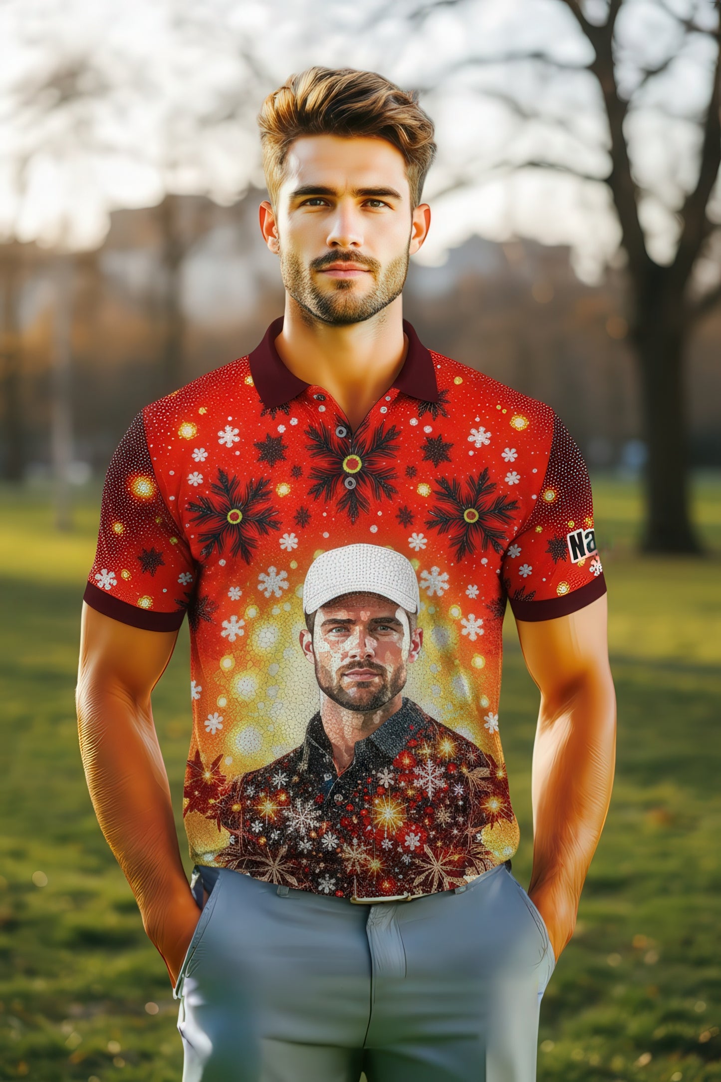 Custom Face Golf Polo Shirt – Personalized Christmas Golf Shirt for Him, Unique Holiday Gift for Golfer, Snowflake Design Golf Apparel Style 13