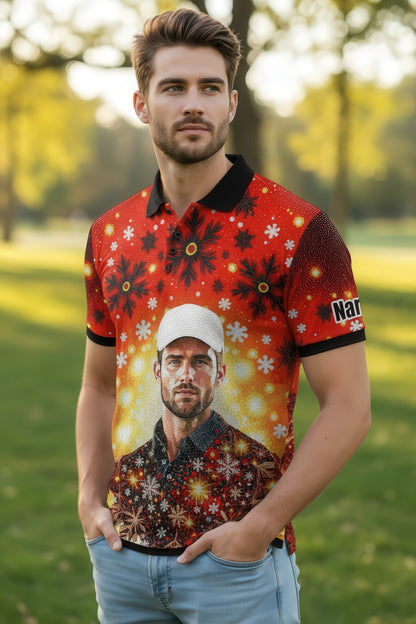 Custom Face Golf Polo Shirt – Personalized Christmas Golf Shirt for Him, Unique Holiday Gift for Golfer, Snowflake Design Golf Apparel Style 13