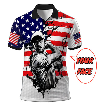 HomyGifts Men's Customized Face Artistic Golf Polo Shirt, Personalized American Flag Design, Unique Gift for Patriotic Golfers Style 4