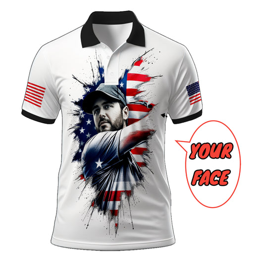 HomyGifts Men's Customized Face Artistic Golf Polo Shirt, Personalized American Flag Design, Unique Gift for Patriotic Golfers Style 5