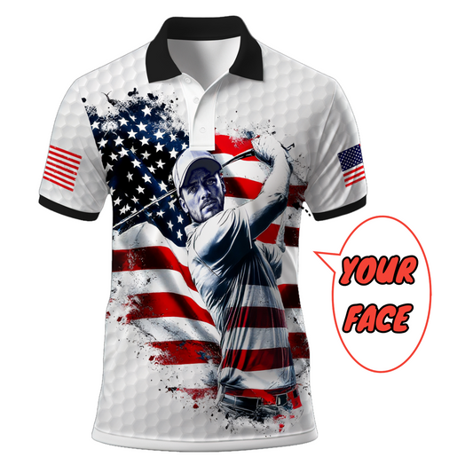 HomyGifts Men's Customized Face Artistic Golf Polo Shirt, Personalized American Flag Design, Unique Gift for Patriotic Golfers Style 6