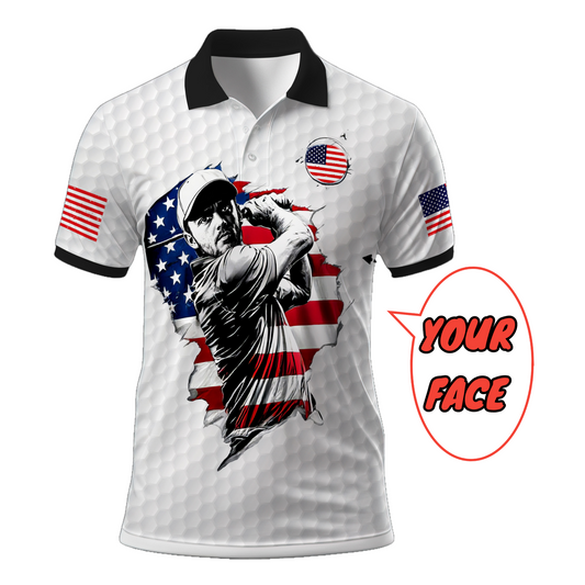 HomyGifts Men's Customized Face Artistic Golf Polo Shirt, Personalized American Flag Design, Unique Gift for Patriotic Golfers Style 7