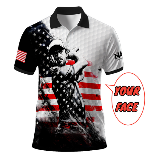 HomyGifts Men's Customized Face Artistic Golf Polo Shirt, Personalized American Flag Design, Unique Gift for Patriotic Golfers Style 8