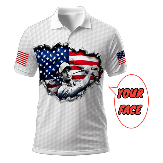 HomyGifts Men's Customized Face Artistic Golf Polo Shirt, Personalized American Flag Design, Unique Gift for Patriotic Golfers Style 9