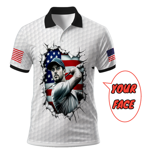 HomyGifts Men's Customized Face Artistic Golf Polo Shirt, Personalized American Flag Design, Unique Gift for Patriotic Golfers Style 10