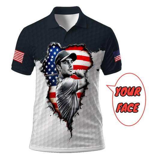 HomyGifts Men's Customized Face Artistic Golf Polo Shirt, Personalized American Flag Design, Unique Gift for Patriotic Golfers Style 11