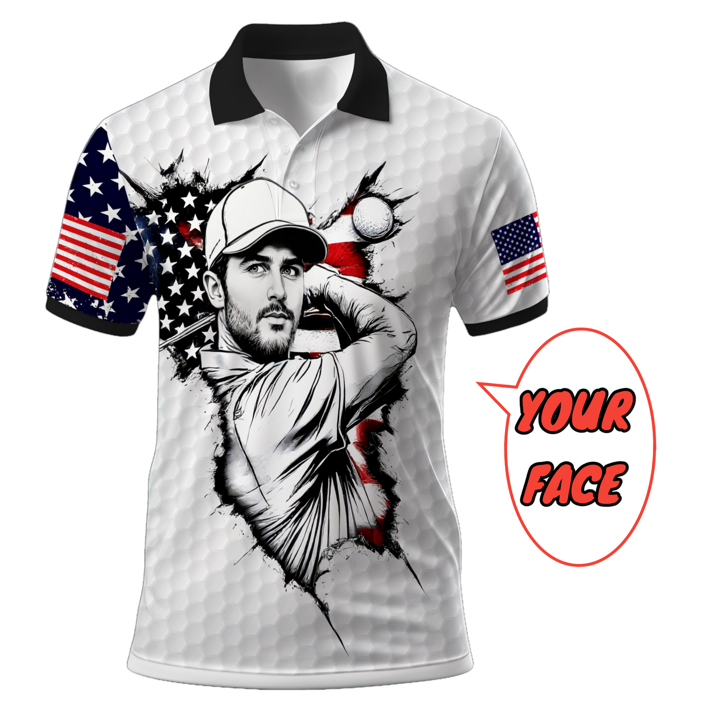 HomyGifts Men's Customized Face Artistic Golf Polo Shirt, Personalized American Flag Design, Unique Gift for Patriotic Golfers Style 12