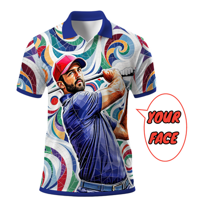 HomyGifts Men's Customized Face Artistic Golf Polo Shirt, Personalized American Flag Design, Unique Gift for Patriotic Golfers Style 12
