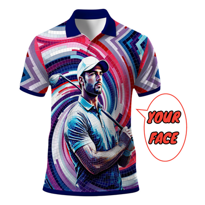 HomyGifts Men's Customized Face Artistic Golf Polo Shirt, Mosaic Art Style, Unique Personalized Golf Polo For Men Style 9