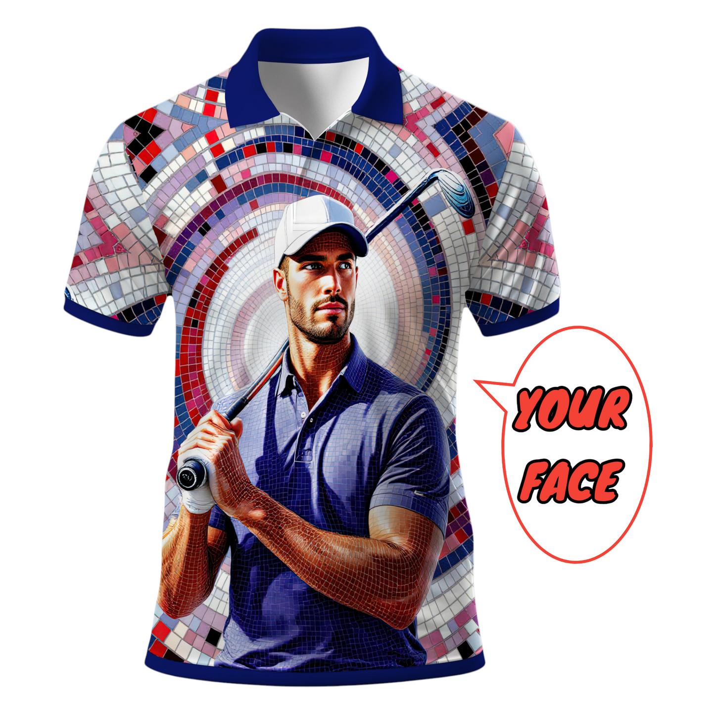 HomyGifts Men's Customized Face Artistic Golf Polo Shirt, Mosaic Art Style, Unique Personalized Golf Polo For Men Style 10