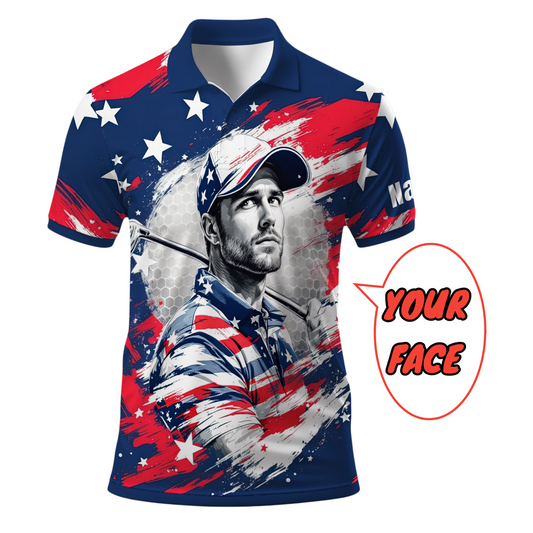 HomyGifts Men's Customized Face Artistic Golf Polo Shirt, Personalized American Flag Design, Unique Gift for Patriotic Golfers Style 13