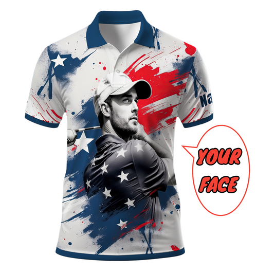 HomyGifts Men's Customized Face Artistic Golf Polo Shirt, Personalized American Flag Design, Unique Gift for Patriotic Golfers Style 14