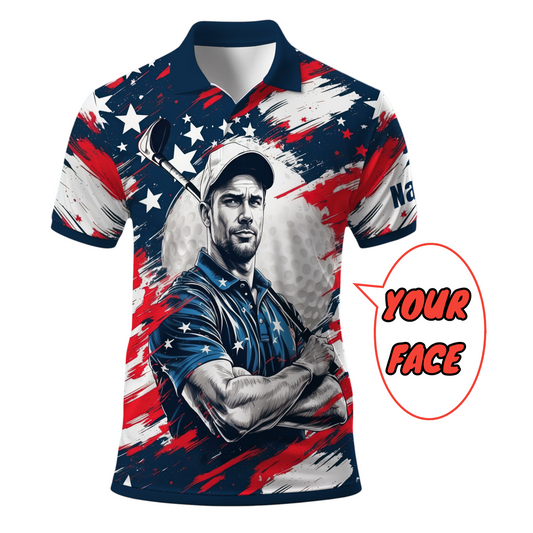 HomyGifts Men's Customized Face Artistic Golf Polo Shirt, Personalized American Flag Design, Unique Gift for Patriotic Golfers Style 15
