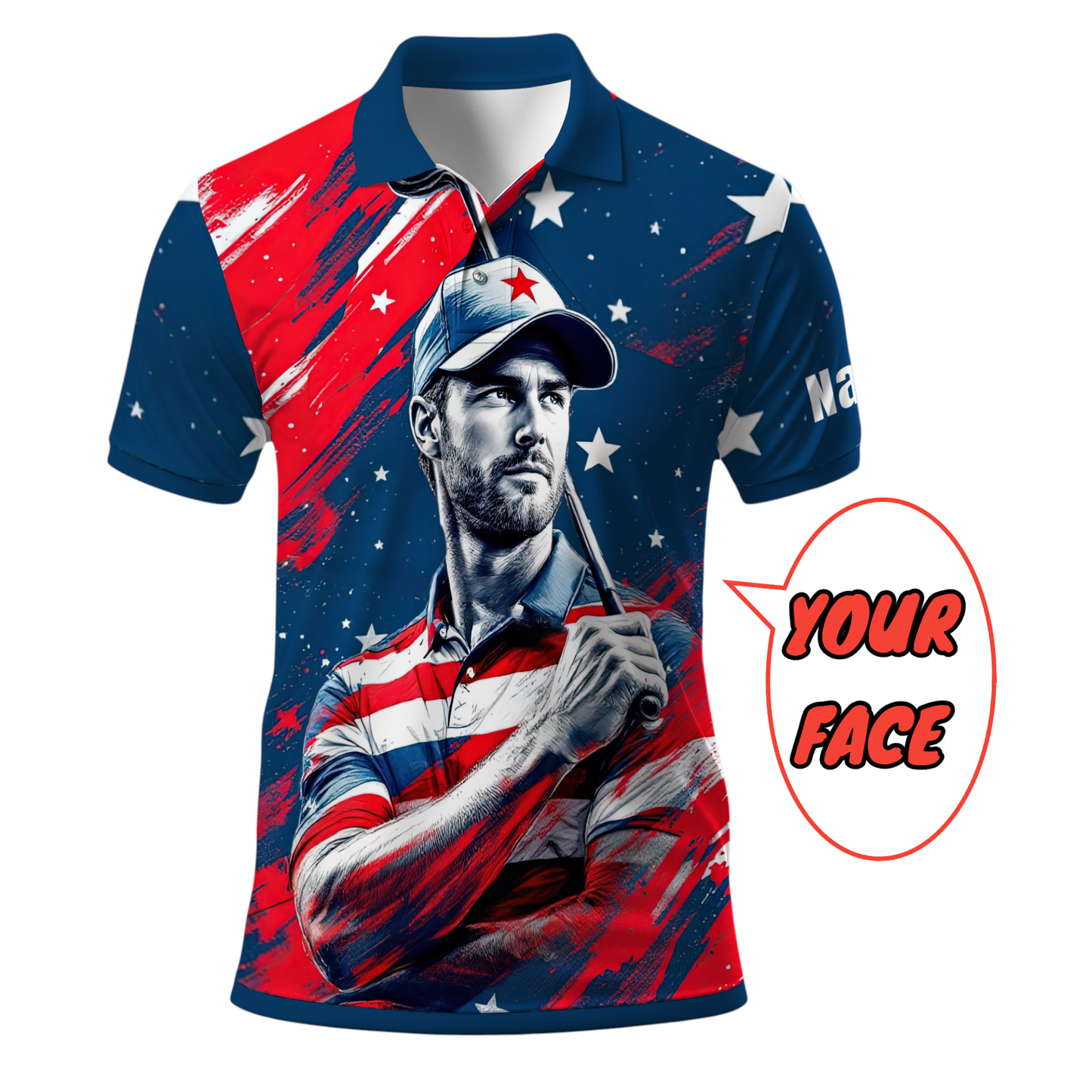 HomyGifts Men's Customized Face Artistic Golf Polo Shirt, Personalized American Flag Design, Unique Gift for Patriotic Golfers Style 16