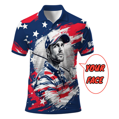 HomyGifts Men's Customized Face Artistic Golf Polo Shirt, Personalized American Flag Design, Unique Gift for Patriotic Golfers Style 17