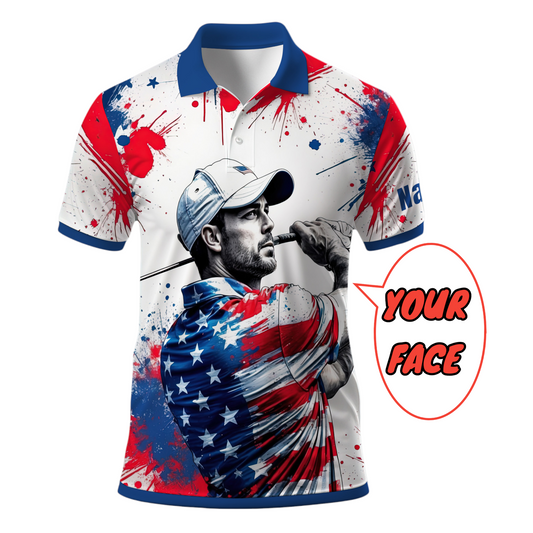 HomyGifts Men's Customized Face Artistic Golf Polo Shirt, Personalized American Flag Design, Unique Gift for Patriotic Golfers Style 18