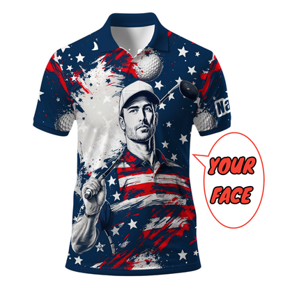 HomyGifts Men's Customized Face Artistic Golf Polo Shirt, Personalized American Flag Design, Unique Gift for Patriotic Golfers Style 19
