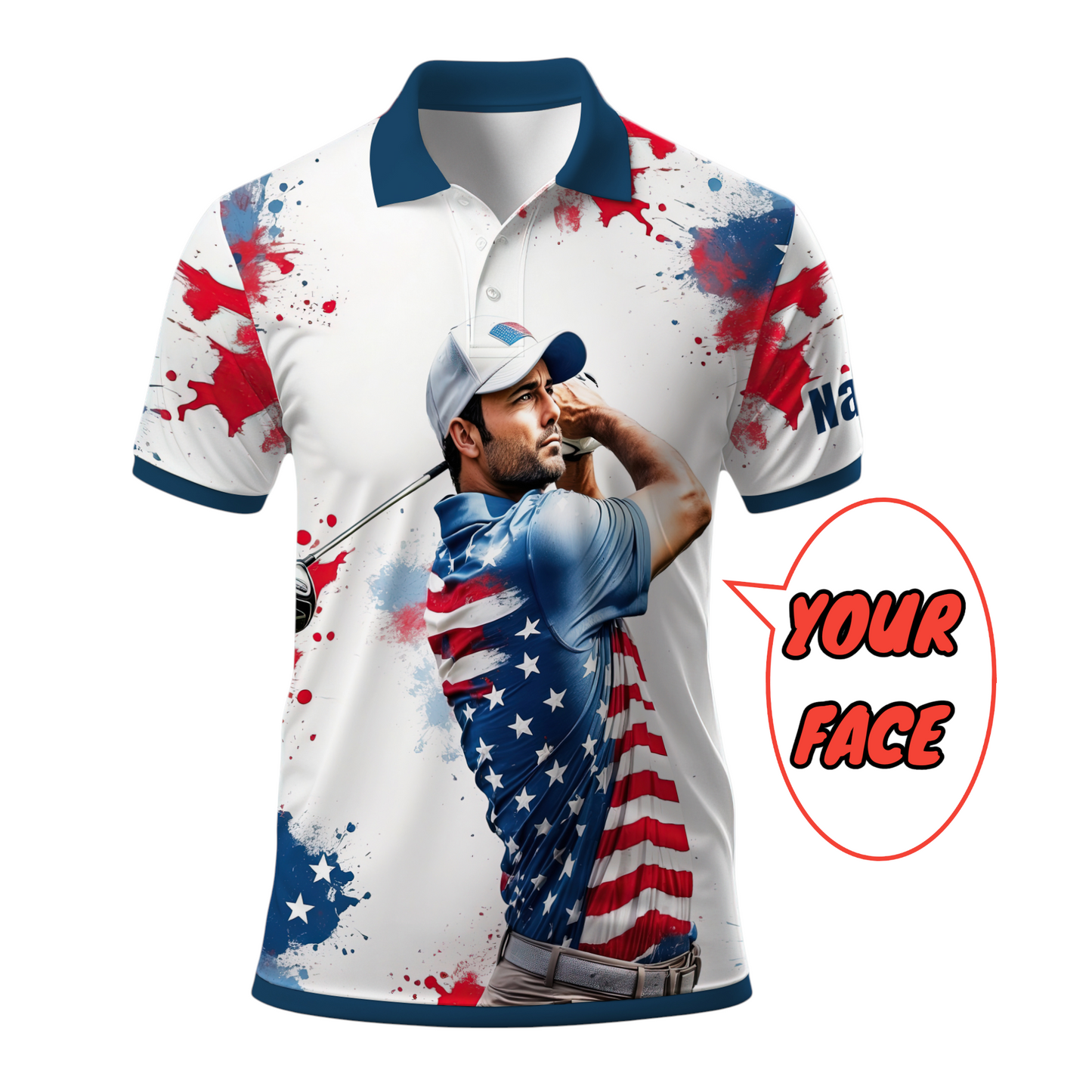 HomyGifts Men's Customized Face Artistic Golf Polo Shirt, Personalized American Flag Design, Unique Gift for Patriotic Golfers Style 20