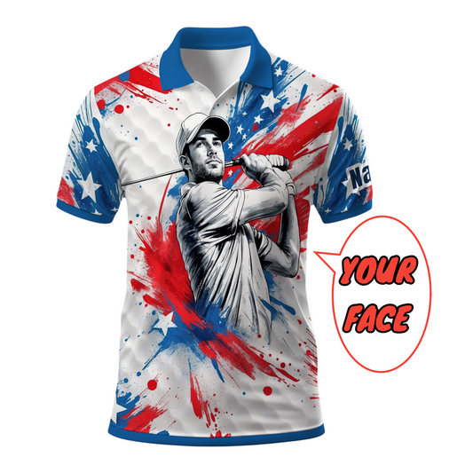 HomyGifts Men's Customized Face Artistic Golf Polo Shirt, Personalized American Flag Design, Unique Gift for Patriotic Golfers Style 21