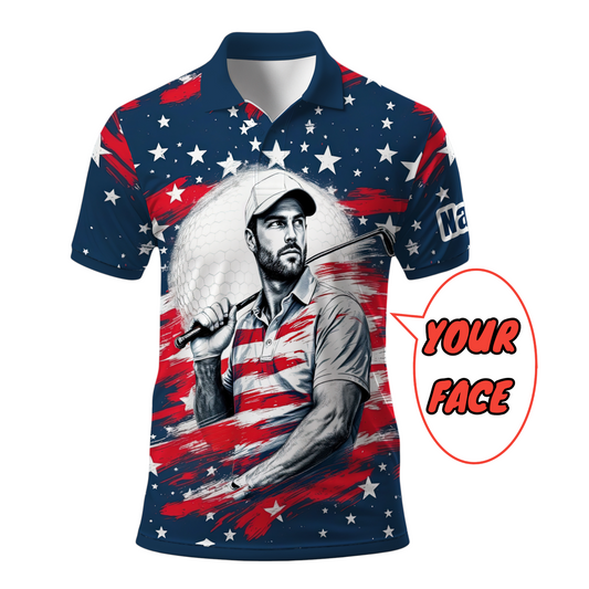 HomyGifts Men's Customized Face Artistic Golf Polo Shirt, Personalized American Flag Design, Unique Gift for Patriotic Golfers Style 22