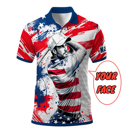 HomyGifts Men's Customized Face Artistic Golf Polo Shirt, Personalized American Flag Design, Unique Gift for Patriotic Golfers Style 23