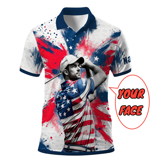 HomyGifts Men's Customized Face Artistic Golf Polo Shirt, Personalized American Flag Design, Unique Gift for Patriotic Golfers Style 24
