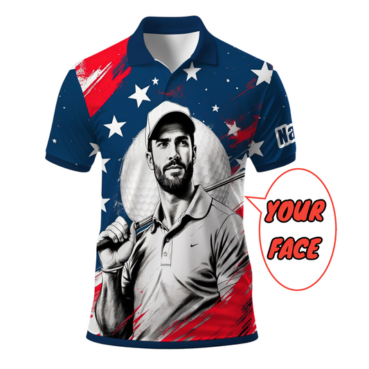 HomyGifts Men's Customized Face Artistic Golf Polo Shirt, Personalized American Flag Design, Unique Gift for Patriotic Golfers Style 25