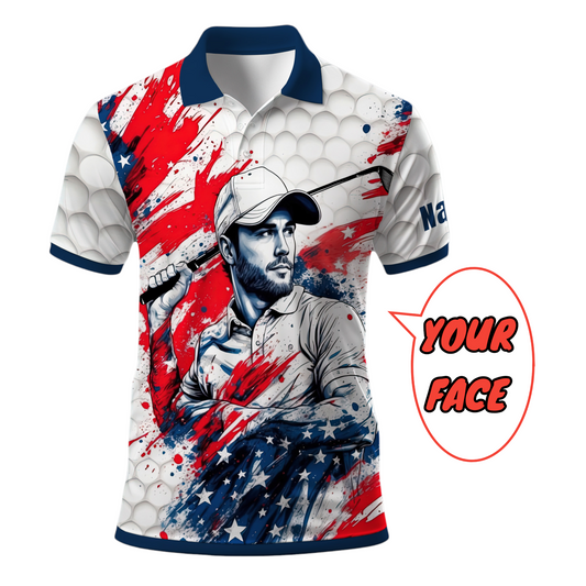 HomyGifts Men's Customized Face Artistic Golf Polo Shirt, Personalized American Flag Design, Unique Gift for Patriotic Golfers Style 26
