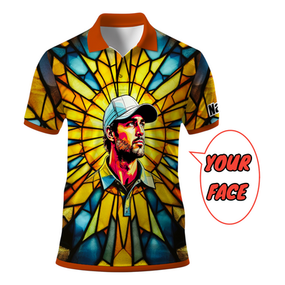 HomyGifts Men's Customized Face Artistic Golf Polo Shirt, Angular Geometric Glass Pattern, Stained-Glass Mosaic Print, Personalized Sublimation Golf Shirt, Vibrant Geometric Portrait Tee Style 14