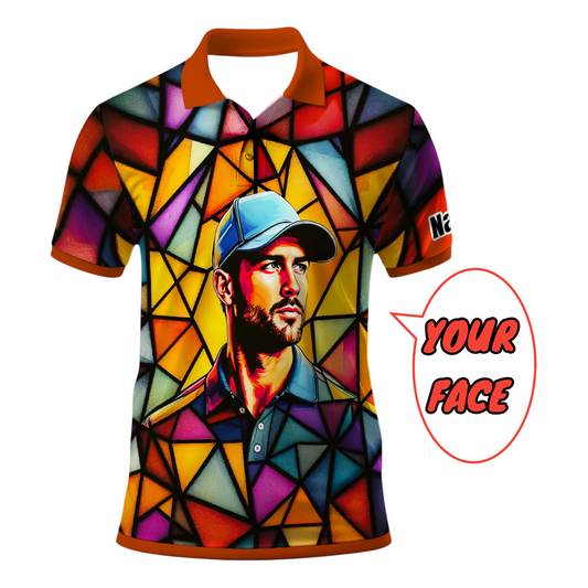 HomyGifts Men's Customized Face Artistic Golf Polo Shirt, Angular Geometric Glass Pattern, Stained-Glass Mosaic Print, Personalized Sublimation Golf Shirt, Vibrant Geometric Portrait Tee Style 13