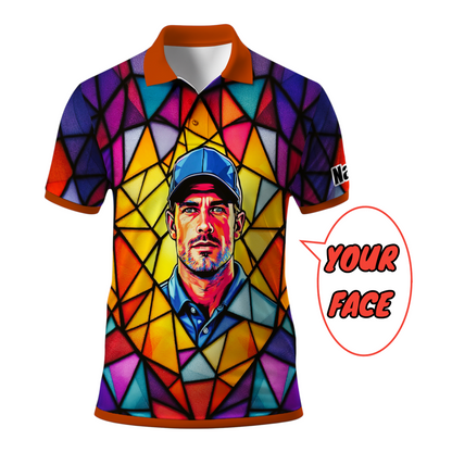 HomyGifts Men's Customized Face Artistic Golf Polo Shirt, Angular Geometric Glass Pattern, Stained-Glass Mosaic Print, Personalized Sublimation Golf Shirt, Vibrant Geometric Portrait Tee Style 8